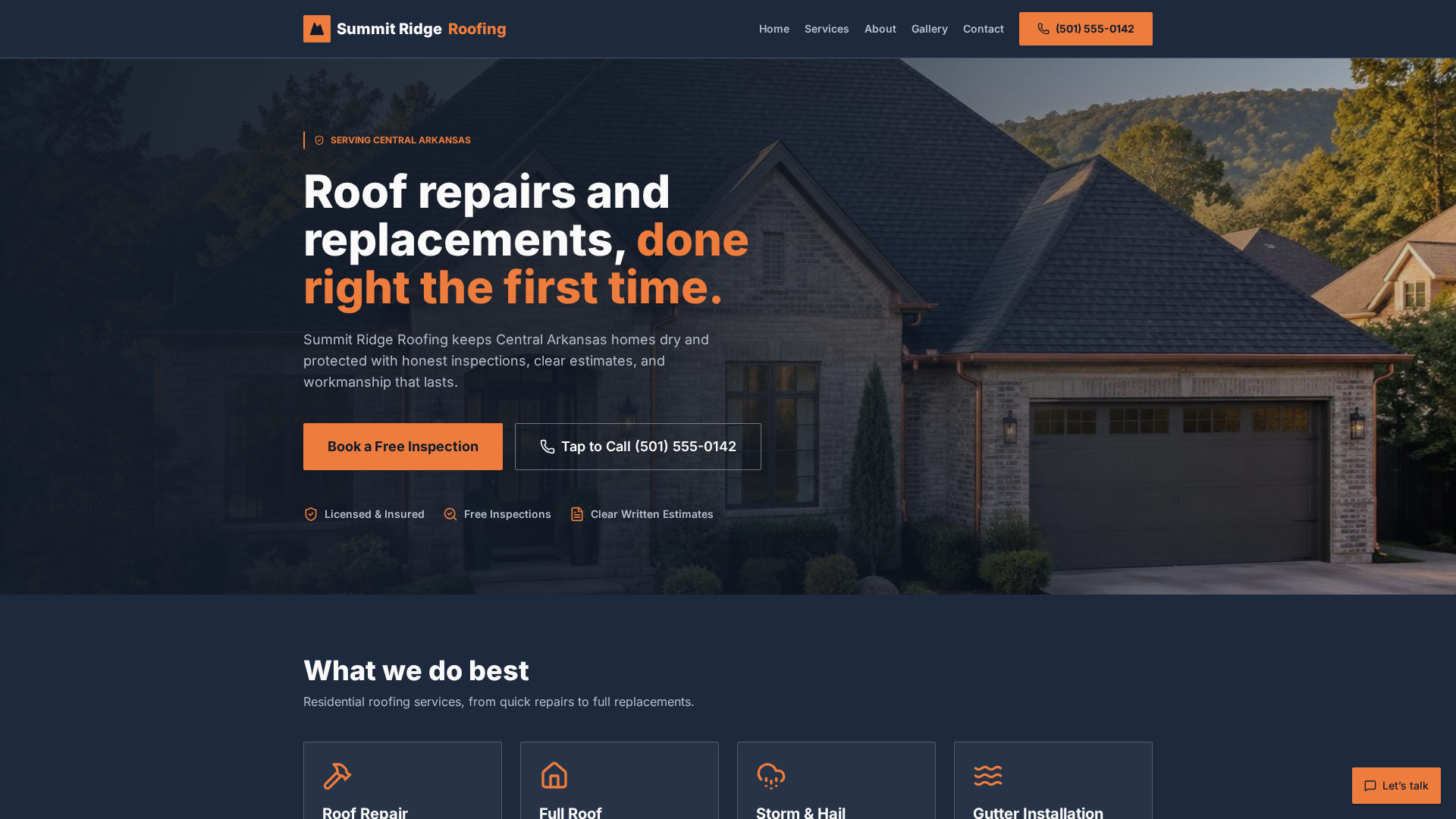 Summit Ridge roofing sample website with inspection booking and roofing services